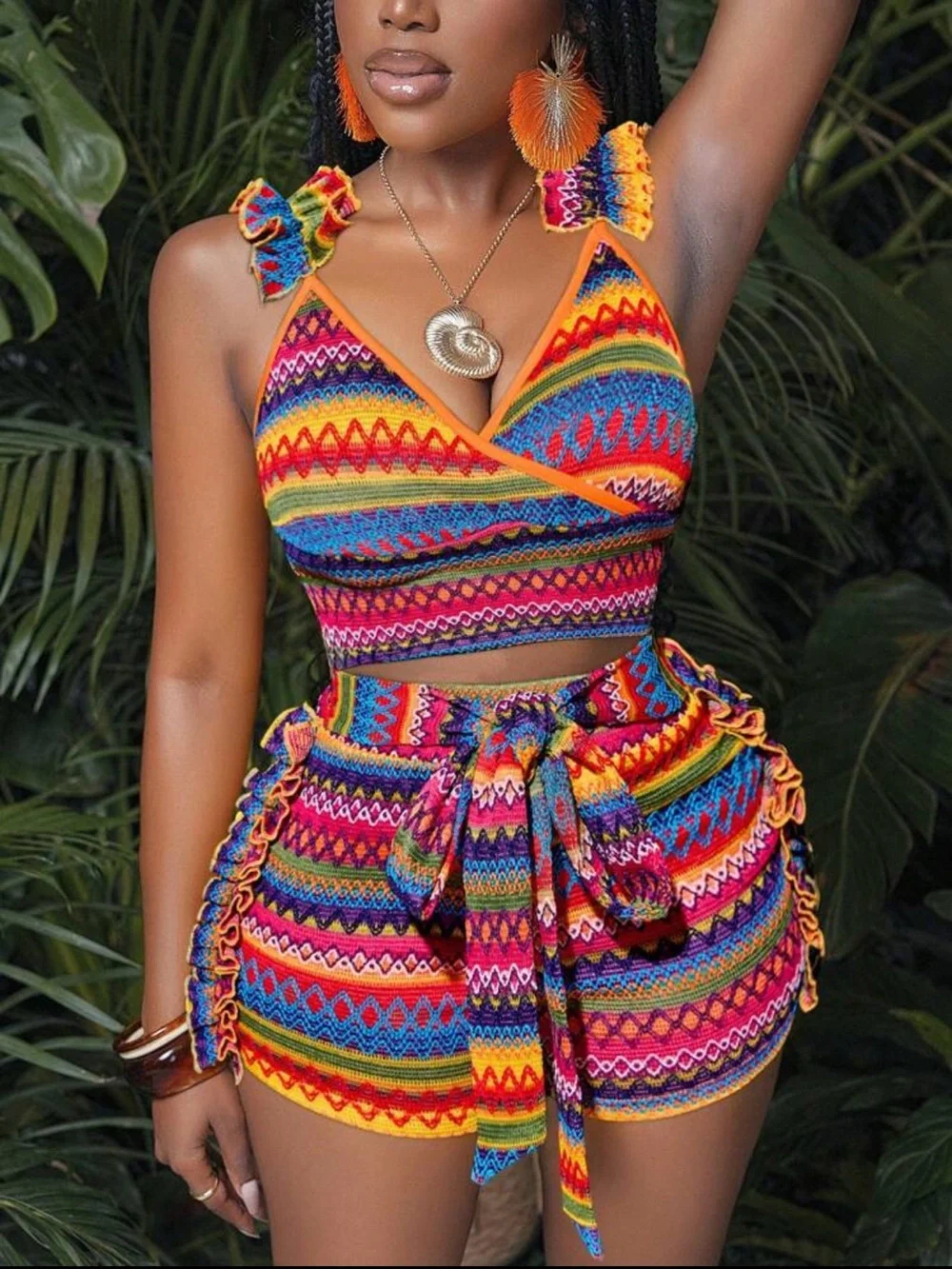 SHEIN Multicolor Ethnic Print 2-Piece Set Ruffle Crop Top & Tie Shorts - Picture 1 of 6